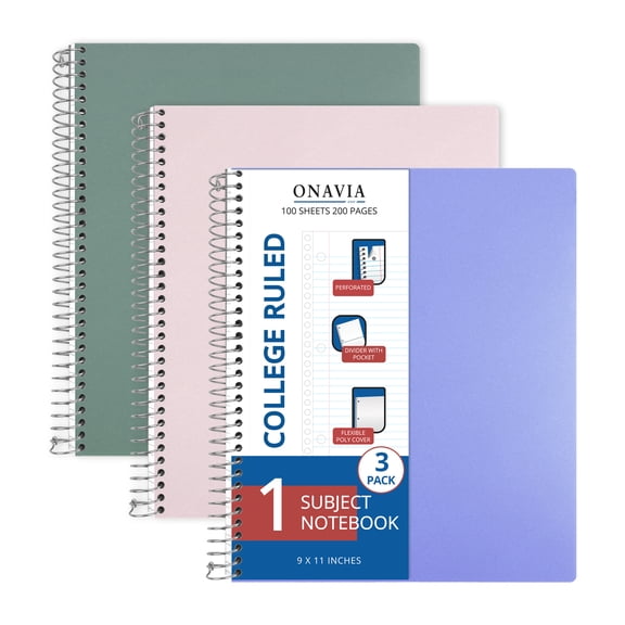 ONAVIA Spiral Notebook, College Ruled, 1 Subject Notebook Bulk with Pocket, 3 Pack, 9" x 11", Poly Cover, 3 Hole Punched Paper for Classroom Study, Work, 100 Sheets, Assorted Colors