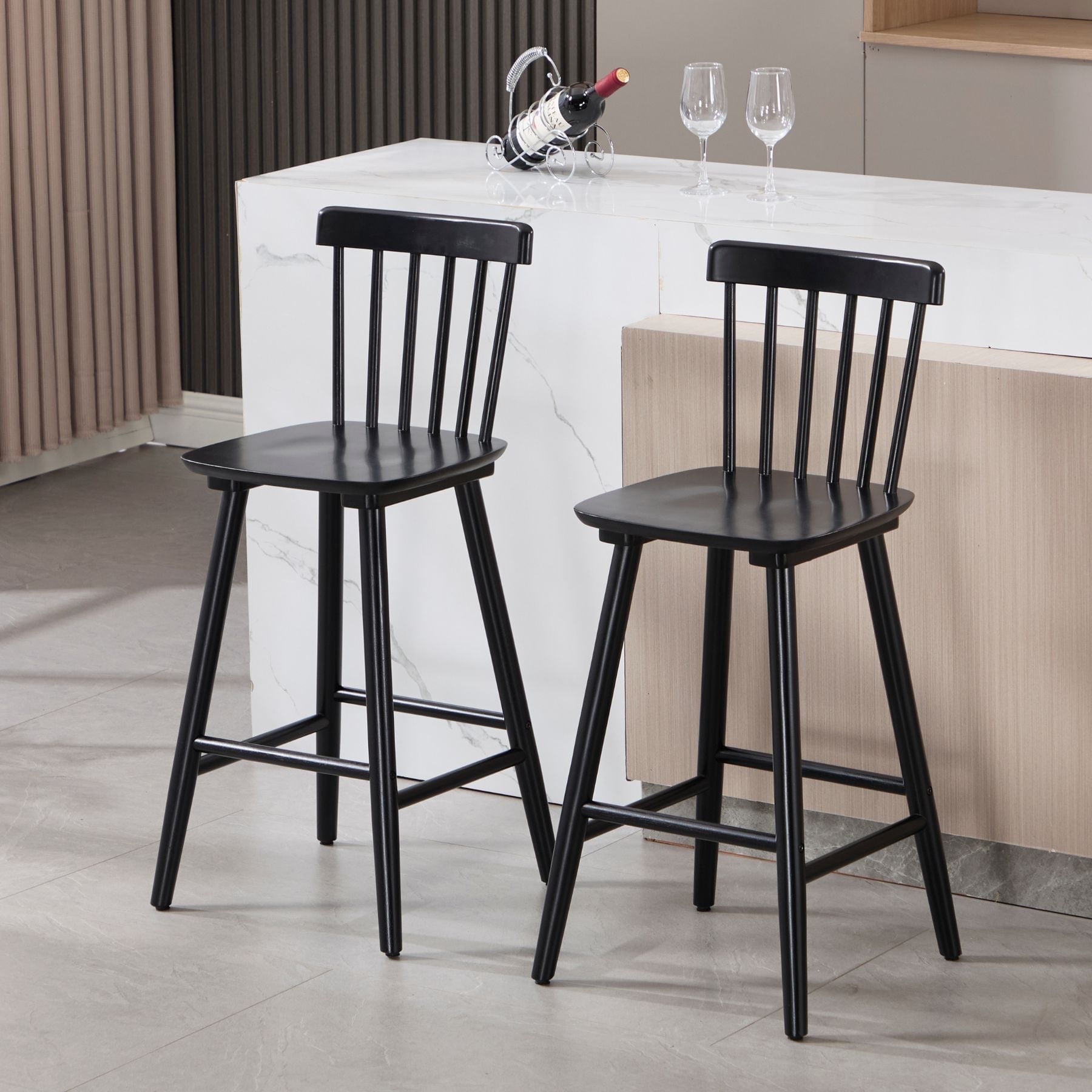 Dayalane Windsor Bar Stools Set of 2, 26" Farmhouse Wooden Counter Height Barstools with Spindle Back & Footrest, Armless Kitchen Island Stools for Bistro, Pub, Breakfast Bar,Black