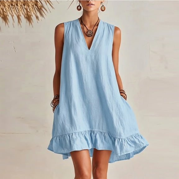 Odbmxy Womens Sun Dresses Summer Tank Cotton Linen Sleeveless Mini Dresses for Women Casual V-Neck Vacation Ruffles