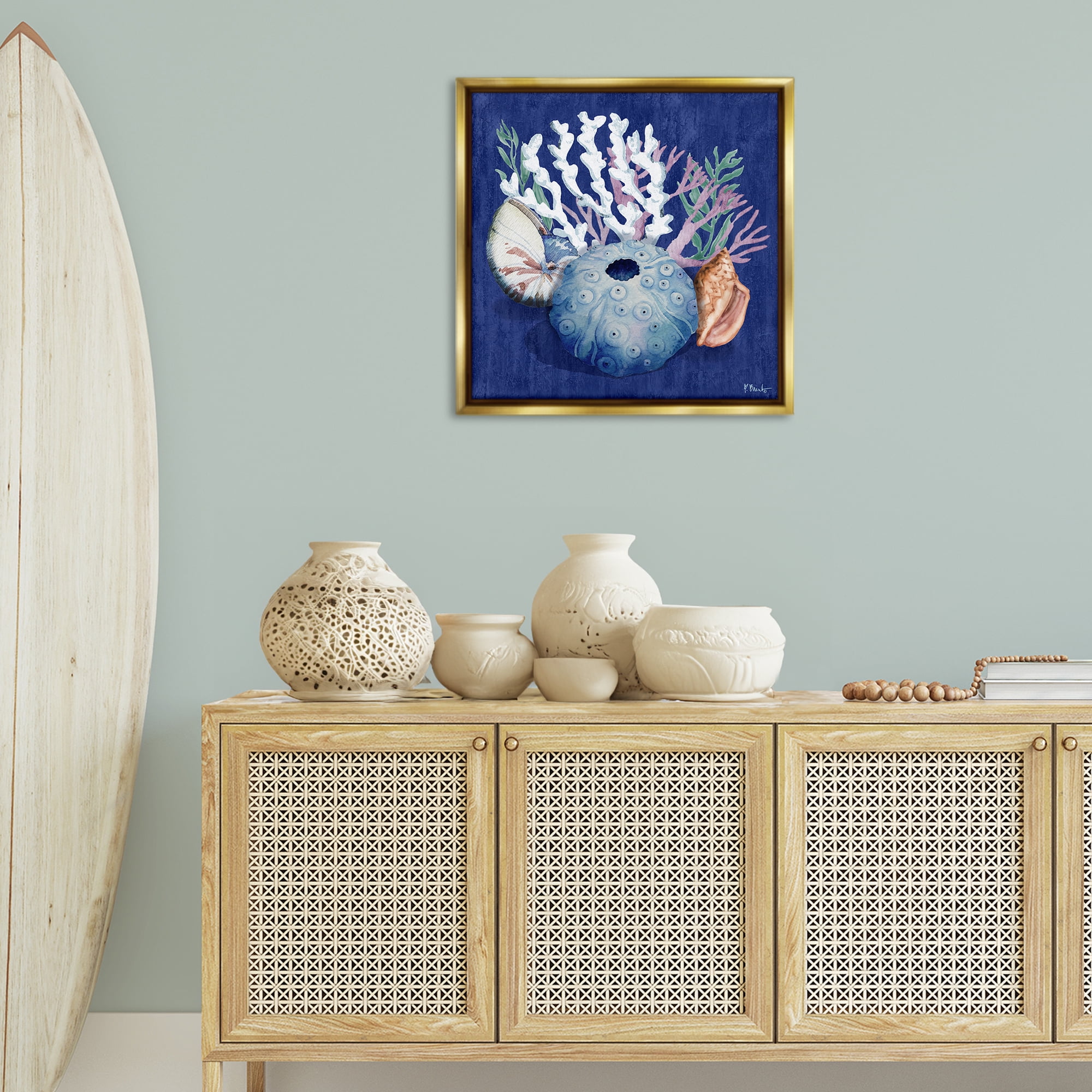 Stupell Industries Sea Urchin & Coral Coastal Painting Gold Floater Framed Canvas Art Print Wall Art, 25 x 25
