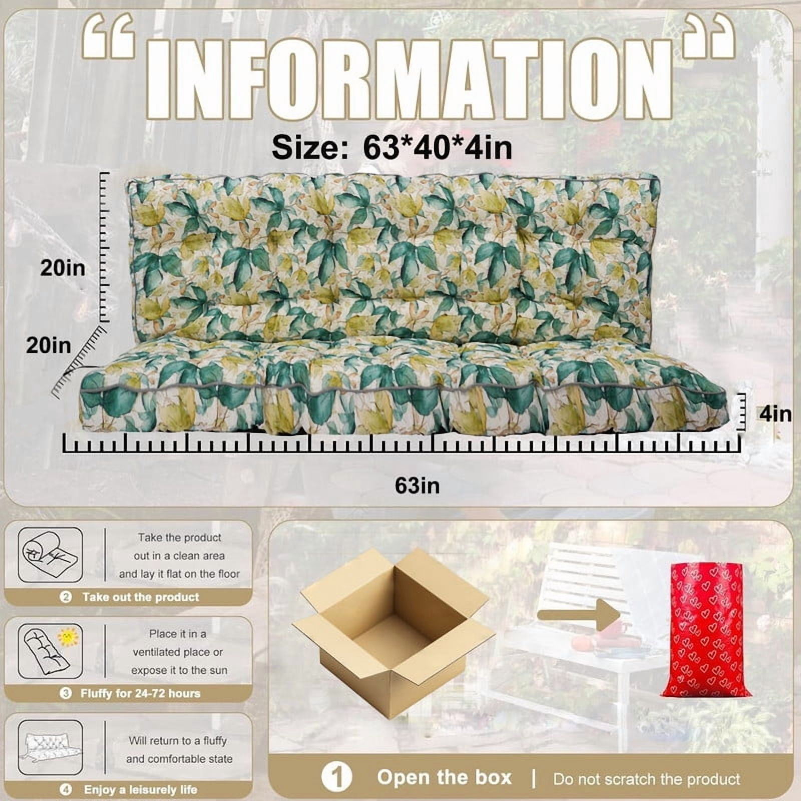 Outdoor Porch Swing Cushions, 4" thick patio swing cushions 3 Seater for outdoor furniture, Waterproof Bench Replacement Cushion with Ties(Clover-63×40in)
