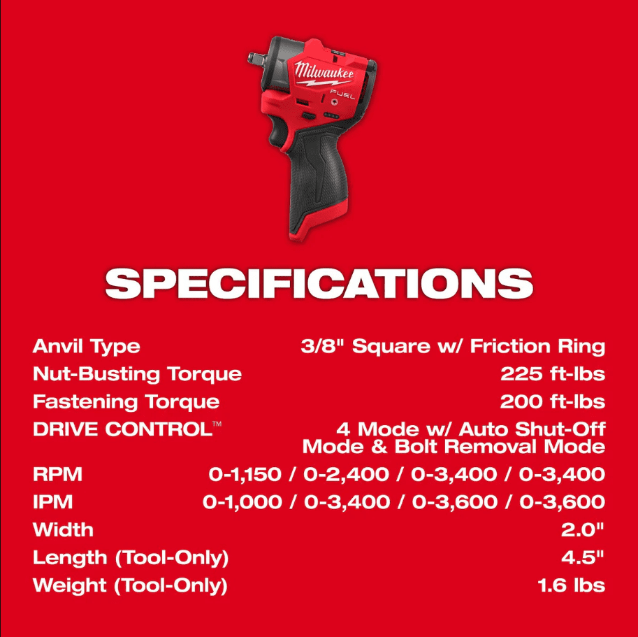Milwaukee M12 FUEL 3/8" Subcompact POWERSTATE™ brushless Impact Wrench (3049-20)