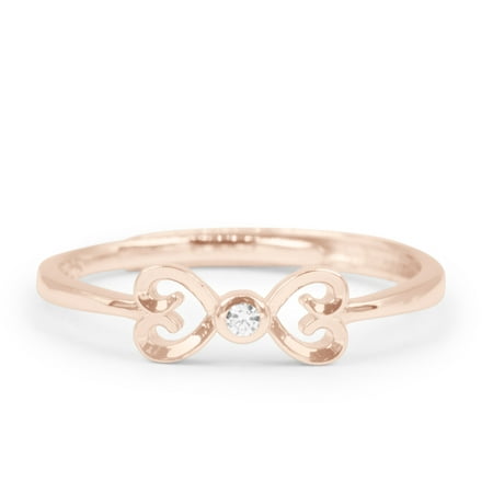 .05 Carat Round Brilliant Real Diamond Two Hearts Promise Ring in 10k Rose Gold