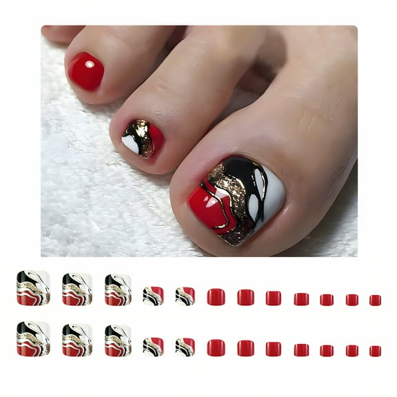 RAGUPEL 24Pcs Toe Press on Nails Square Short Instant Pedicure Nail Tip Hand-Drawn Lines Cute Press on Nails with Comes with Jelly Glue for Women Style1