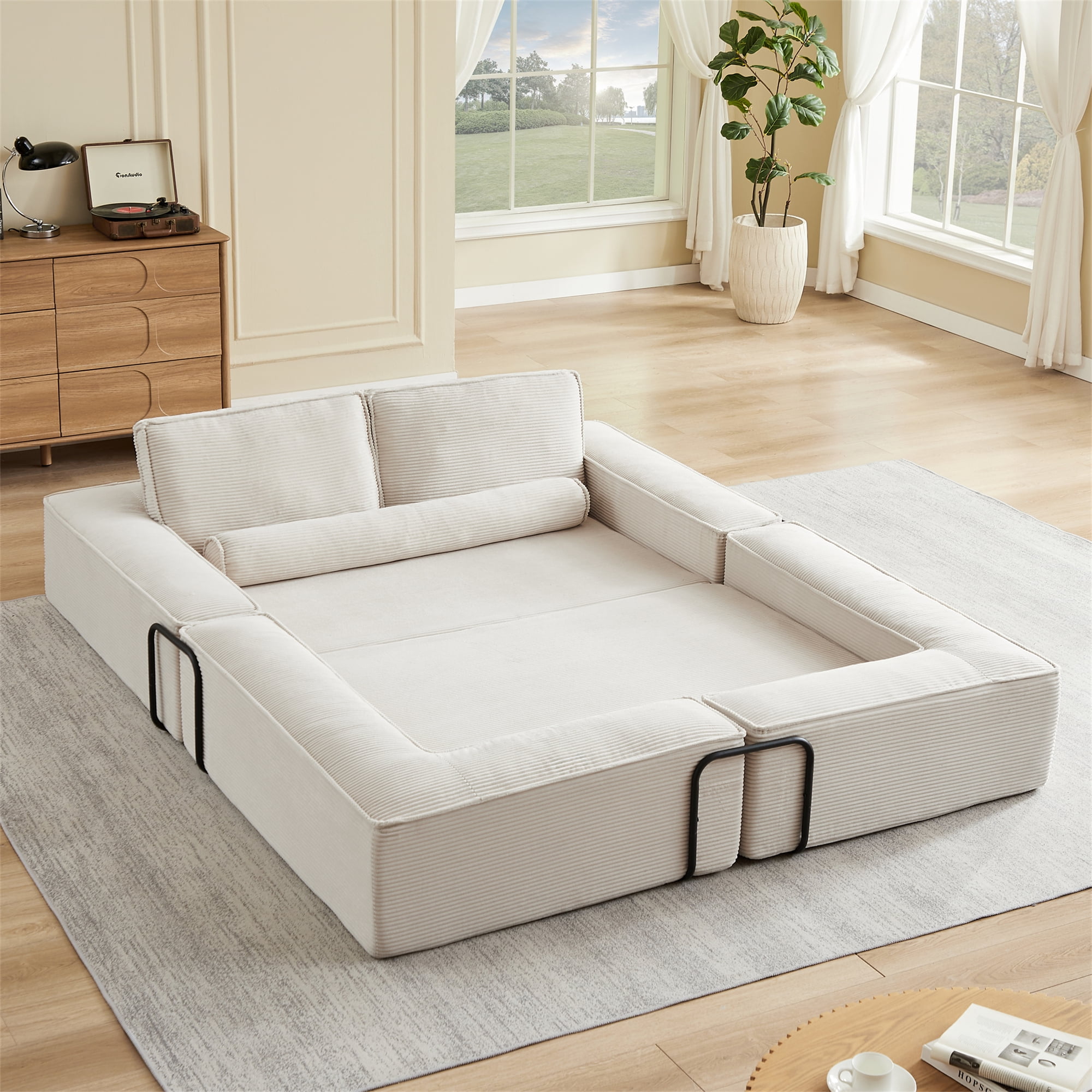 Aukfa 109" Oversized Convertible Sofa Bed Futon with Fixed Frame, Folding Pull Out Modular Boneless Sofa for Living Room, Corduroy, Beige
