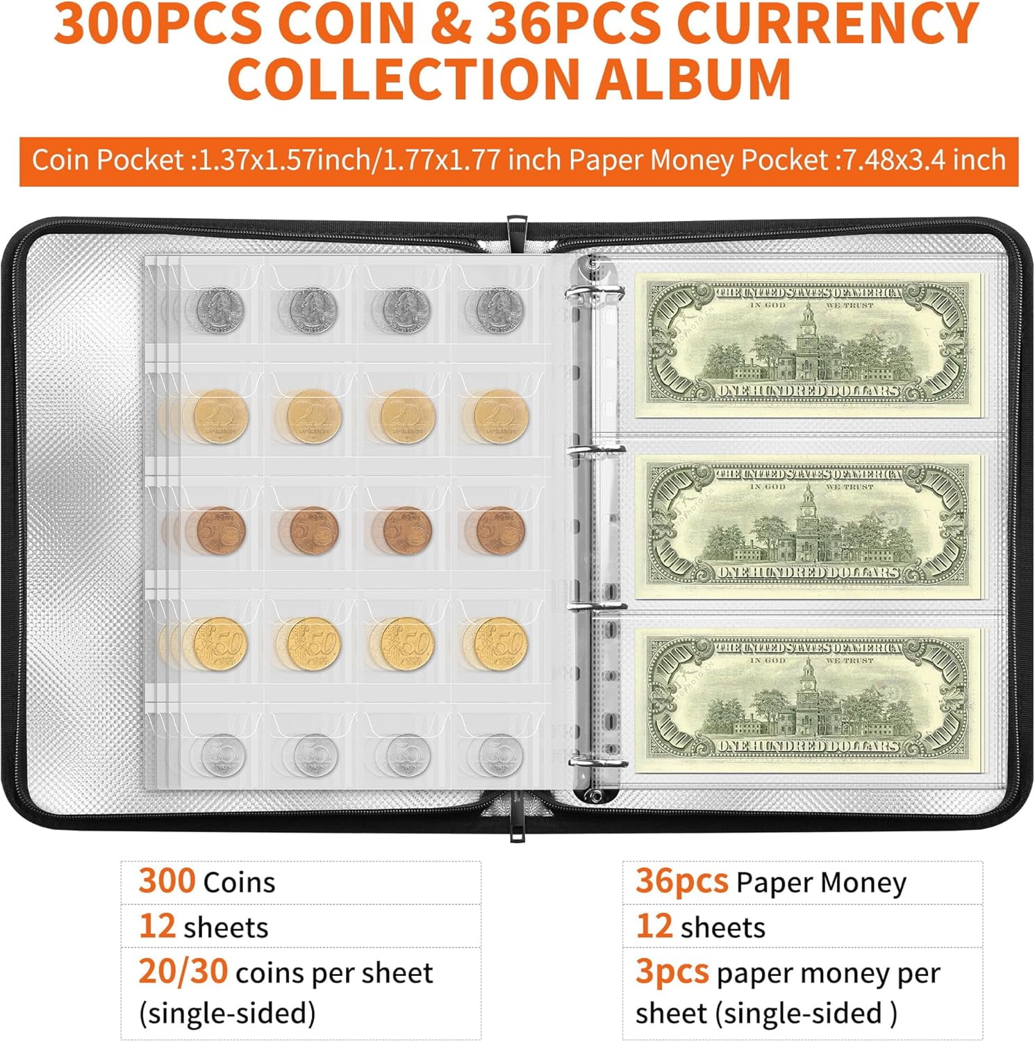 Coin Collection Book Holder for Collectors, 300 Pockets Collecting Album & 36 Sleeves Paper Money Display Storage Case for Currency Collection Supplies (300 coins+36 paper money binder)