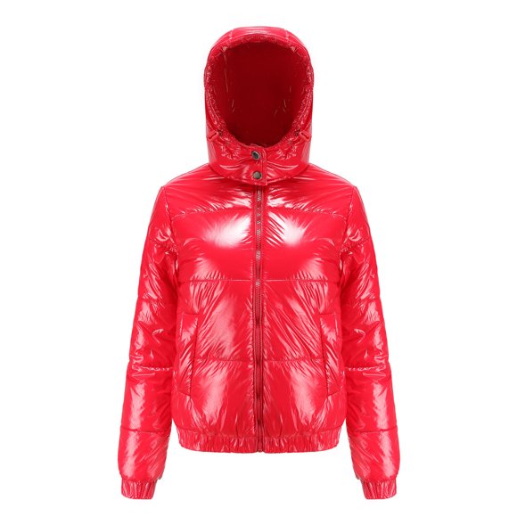 IROINID Women's Short Hoodie Puffer Coat Solid Color Long Sleeve Warm Jacket Slim Winter Coats, Red
