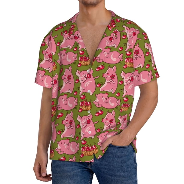 Balery Cartoon Pigs Camisa Casual de Manga Corta con Botones para Hombre, Texturizada, Estilo Cubano, para Playa, Verano-3X-Large