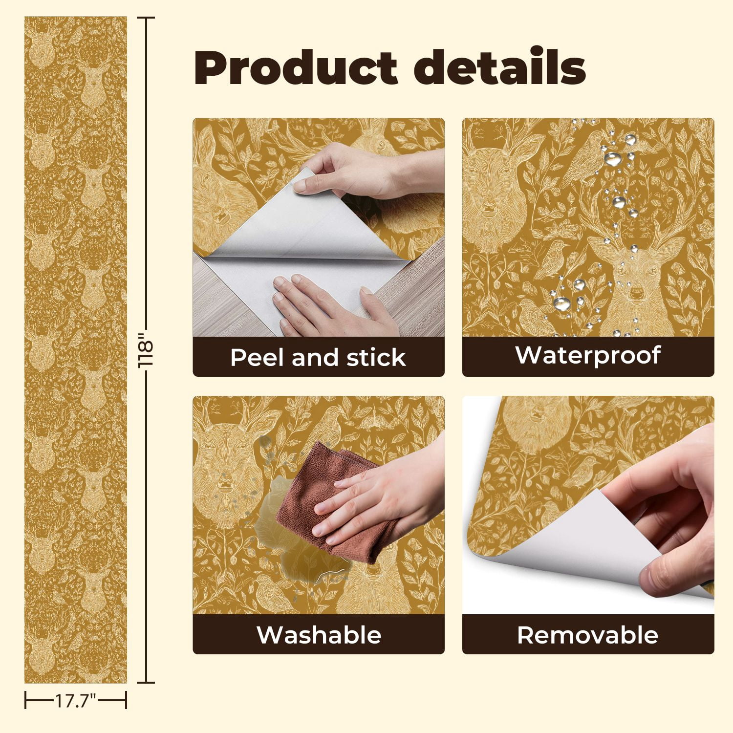 Hunt Peel and Stick Wallpaper 17.7in x 9.8ft Whimsical Floral Fauna Deer Birds Mustard Contact Paper Vinyl Waterproof Self Adhesive Wall Paper for Bedroom Shelf Cabinet Renter Friendly
