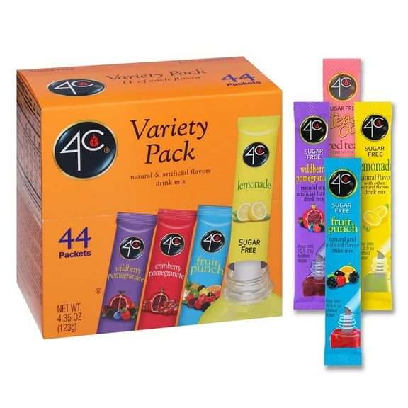 4C Powder Drink Mix Packets, PSD Variety 1 Pack, 44 Count, Singles Stix On the Go (11 Each Wild Berry Pomegranate, Cranberry-Pomegranate, Fruit Punch, Lemonade)