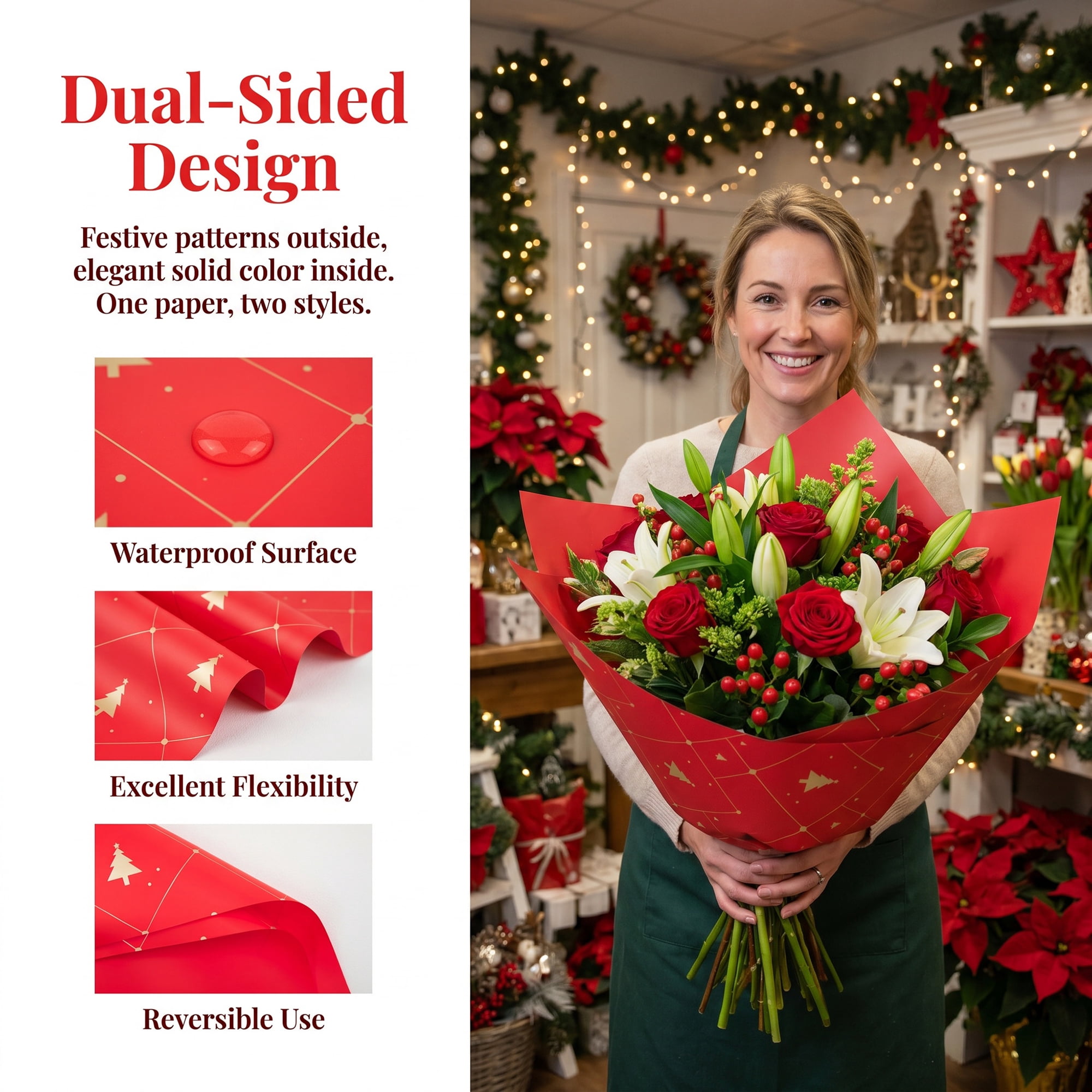 Unique Bargains Waterproof Matte Gift Wrap Paper for Bouquets Red Big Tree 22"x 22"