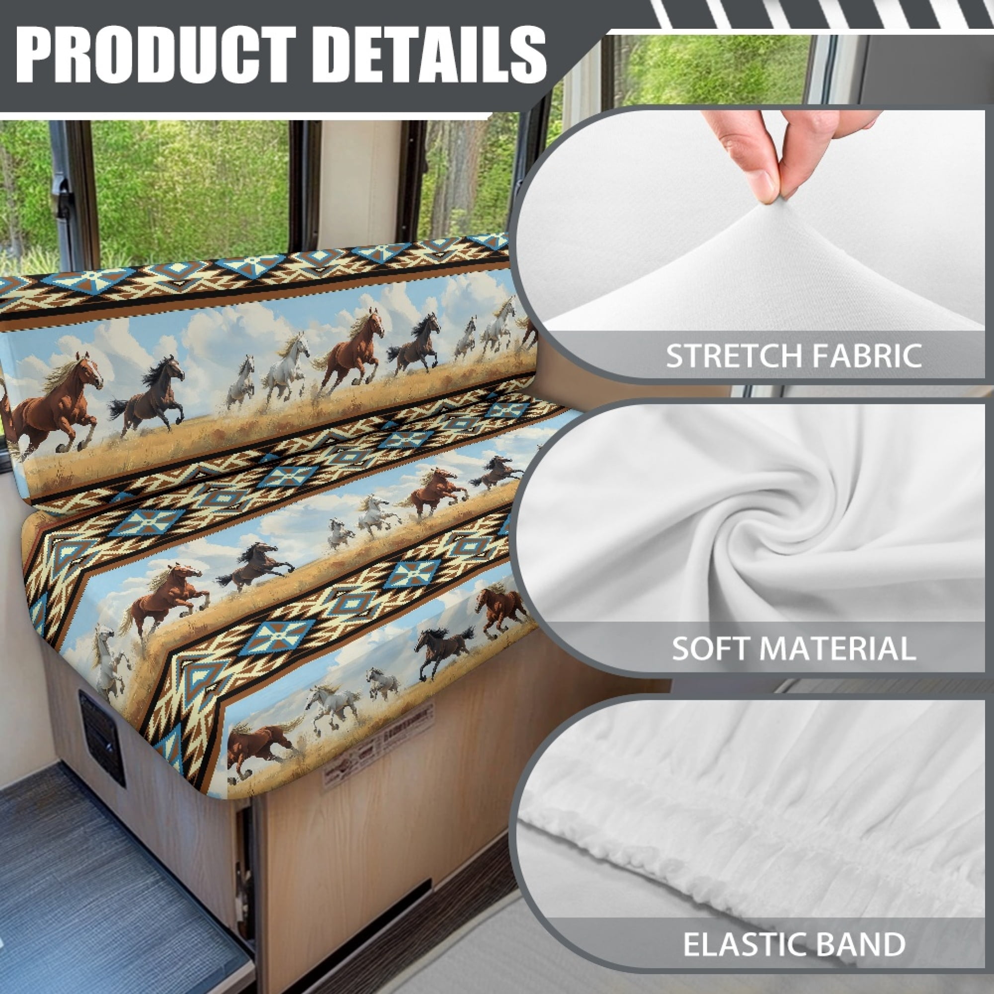 Yuyamidu Southwest Aztec Horse RV Dinette Cushion Covers Comfy RV Sofa Seat Slipcovers Elastic Camper Couch Cushion Covers Include 1 Bench Cover 1 Backrest Cover RV Accessories