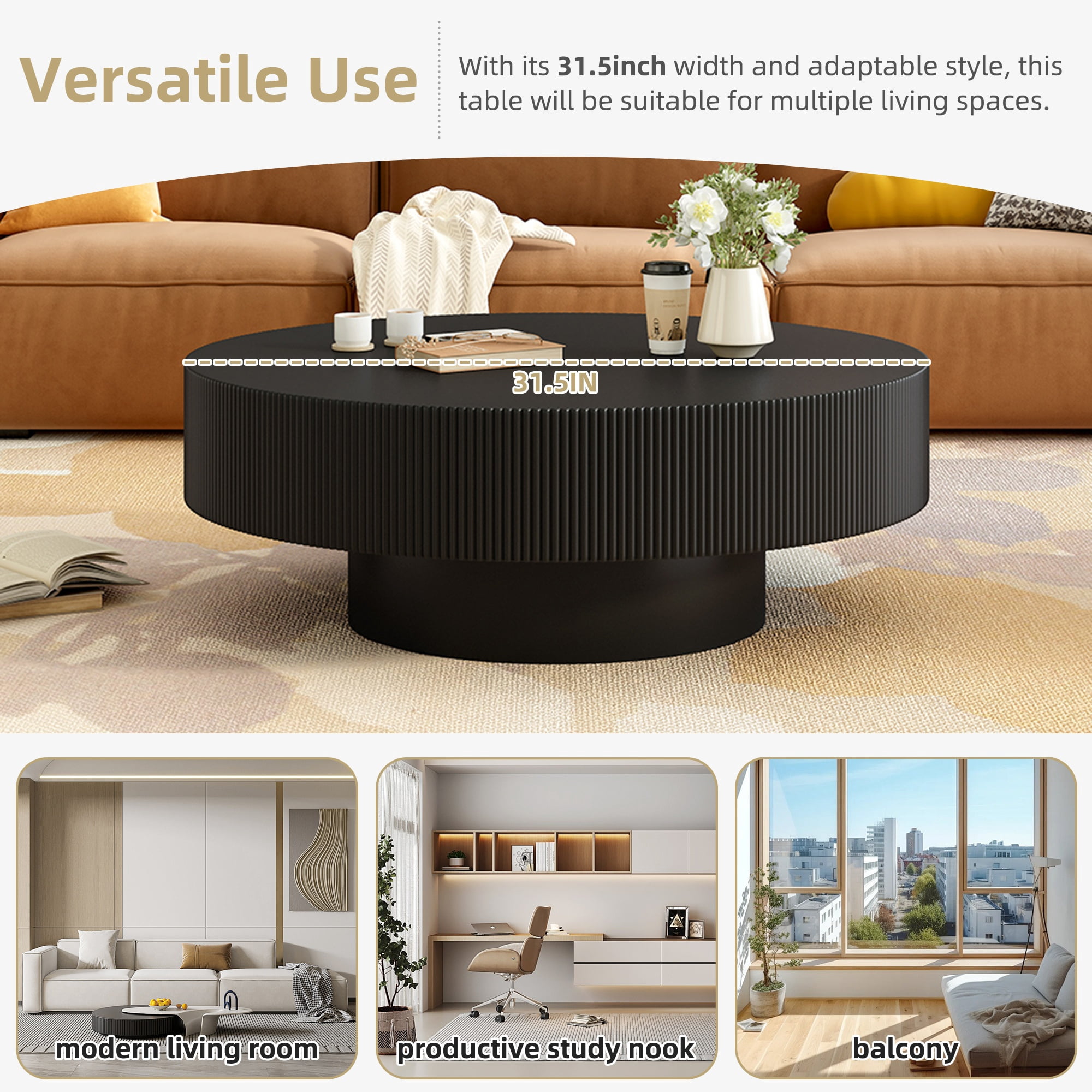 Euroco Elegant Easy Assembly Round Coffee Table with 6.8" Thick Tabletop, Modern Drum End Table, Minimalist Fluted Center Table with Sturdy Base for Living Room, Black, 31.5"W*13.7"H