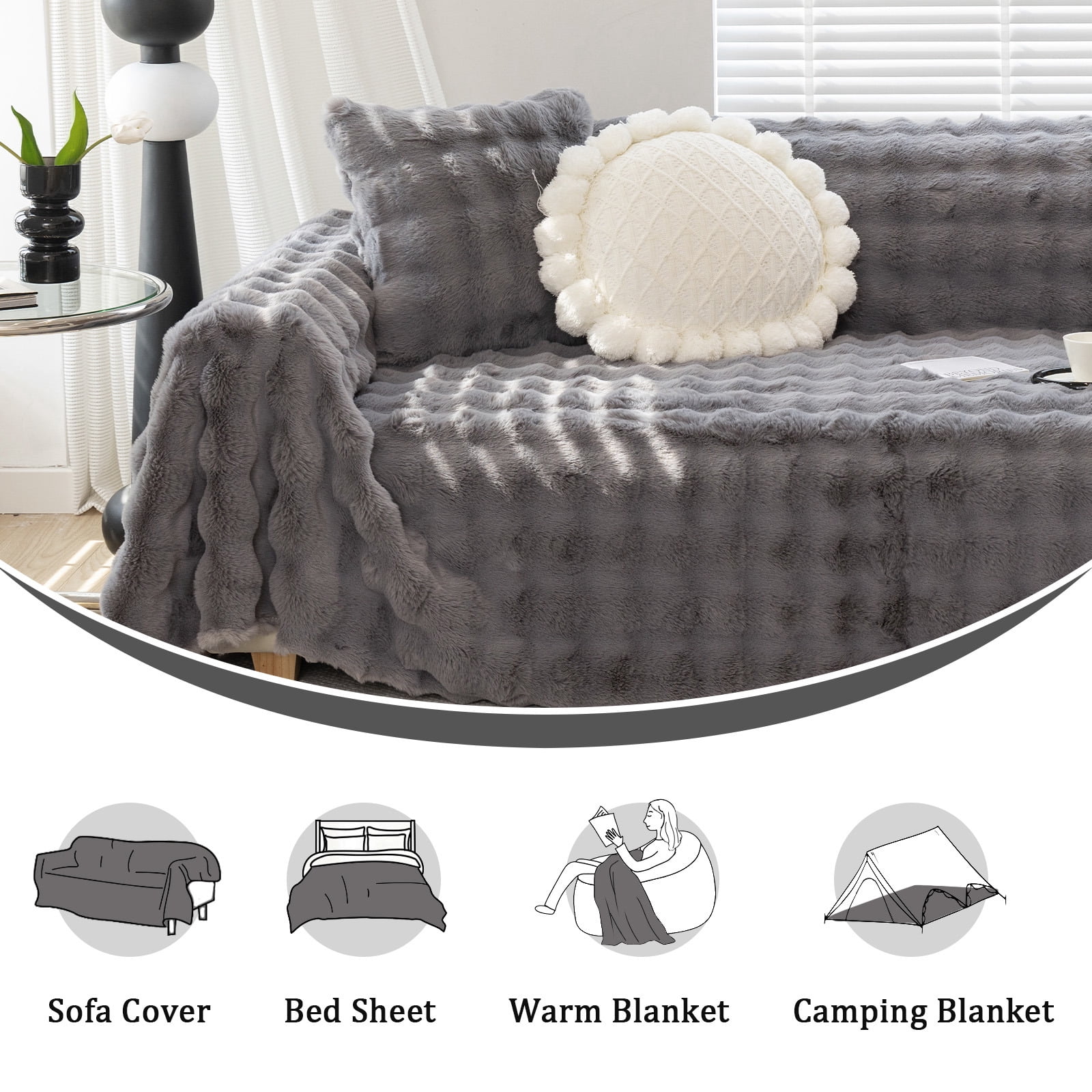 WOOW DEPOT Warm Faux Rabbit Fur Sofa Cover Machine Washable, Thick Throw Blanket L Shape Slipcover for 3 Cushion Couch, Dark Gray 71"x134"