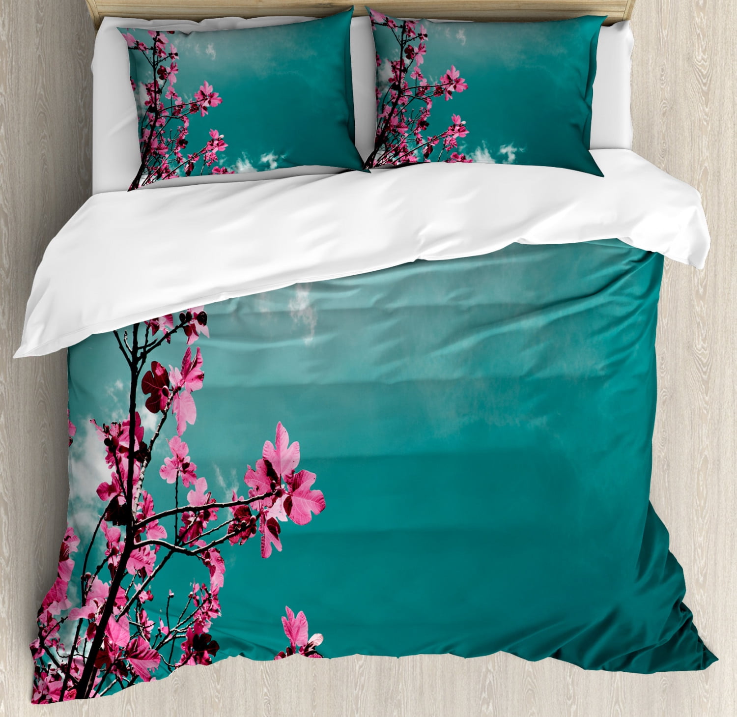 Floral Duvet Cover Set, Fig Tree Florets with Sunny Sky Exotic Summer