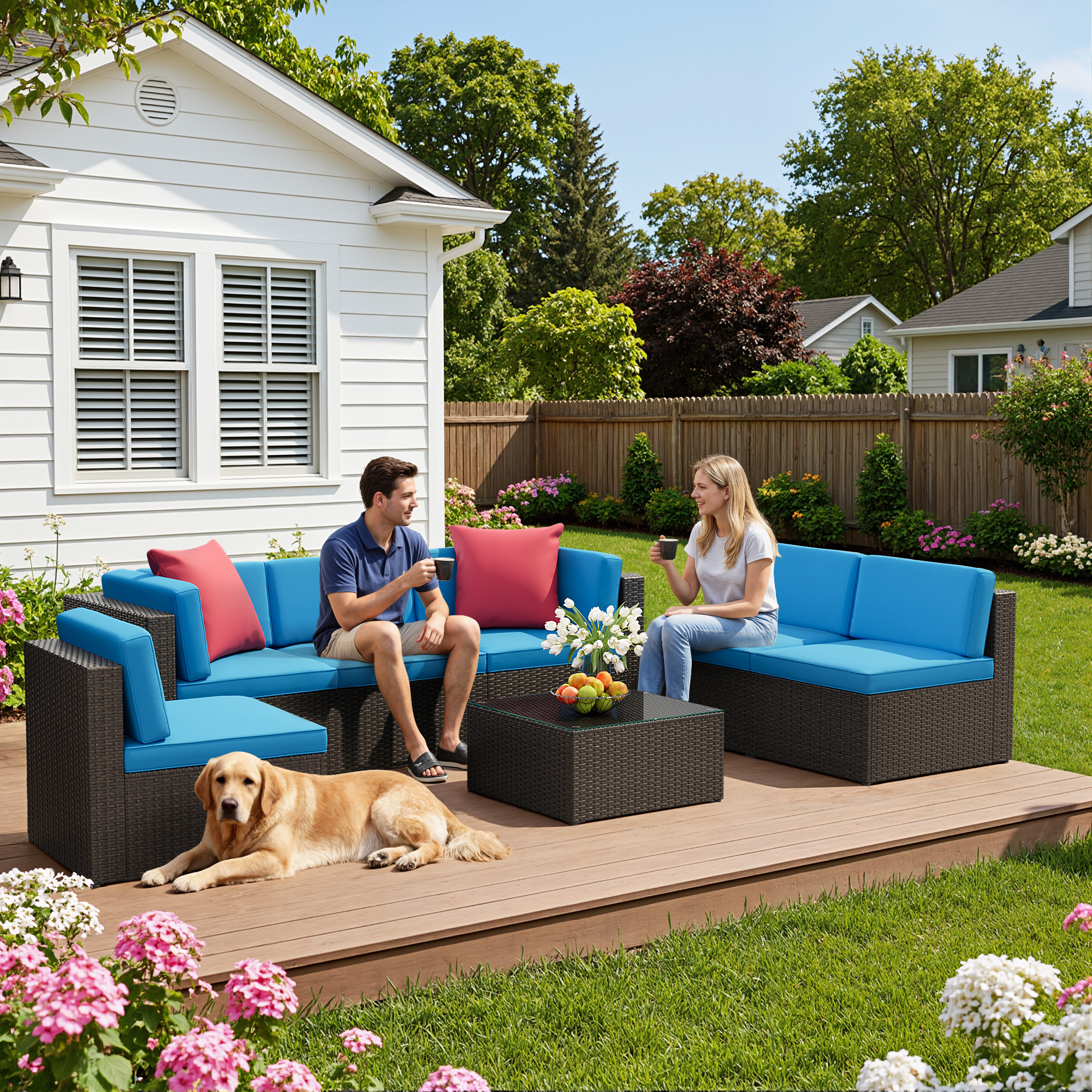 Lacoo 7 PCS Patio Outdoor Furniture Wicker Sectional Sofa with Cushion, Blue