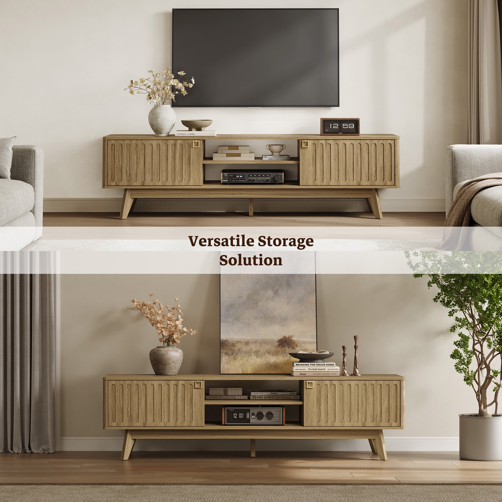 SICOTAS 70.1 inch Long Modern TV Stand Set of 2, Minimalist Console Table with 2 Fluted Doors, 3-Tier Storage Shelves, Long Entertainment Center for Living Room, Brown Oak