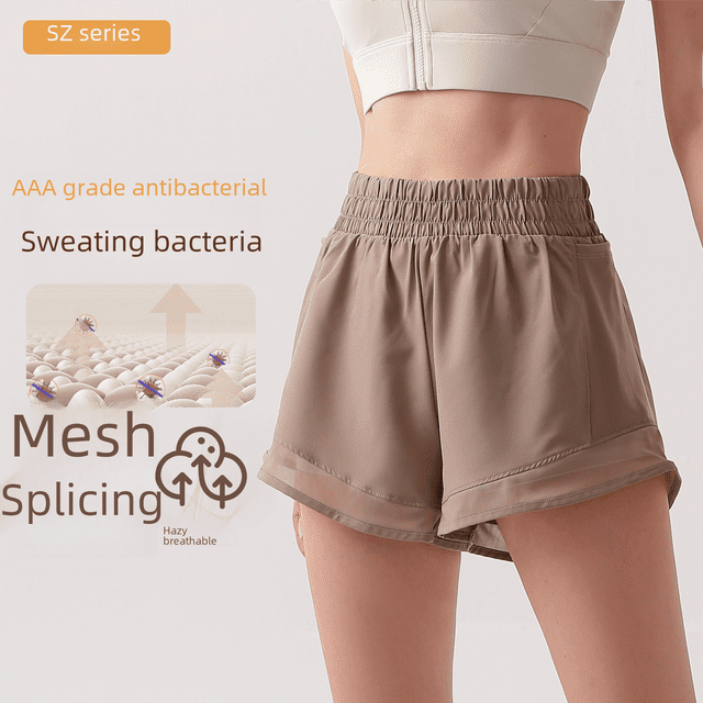 Pantalones cortos deportivos para mujer, pantalones falsos de dos piezas antiexposición para correr y fitness, pantalones de yoga de cintura alta y levantamiento de cadera
