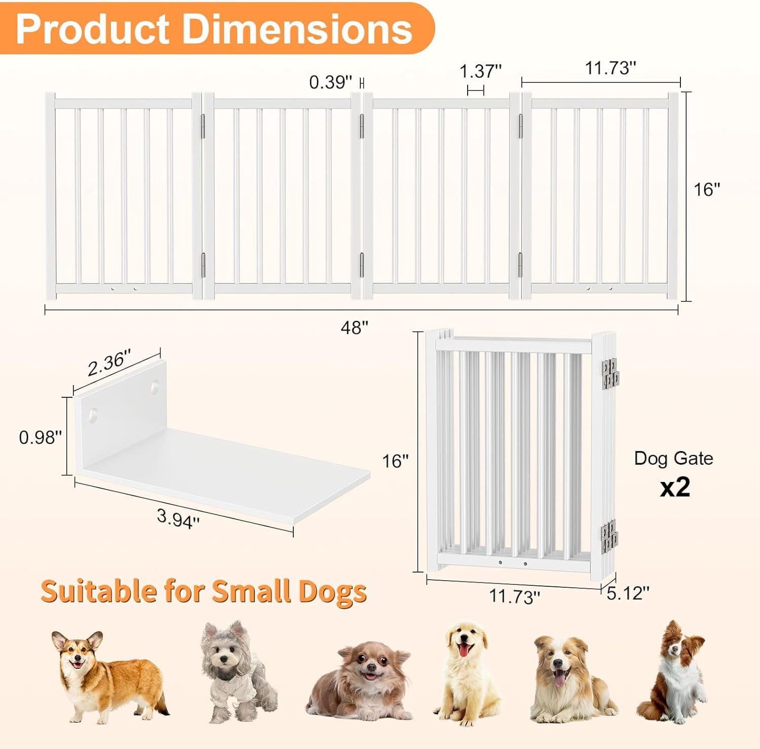 2 Pack Short Dog Gate Indoor, 16" High Freestanding Small Dog Gates with Support Feet, Expand Up to 48’’Wide Foldable Pet Gate for Doorway, 8 Panel Pet Door Pet Fence for Puppy, White