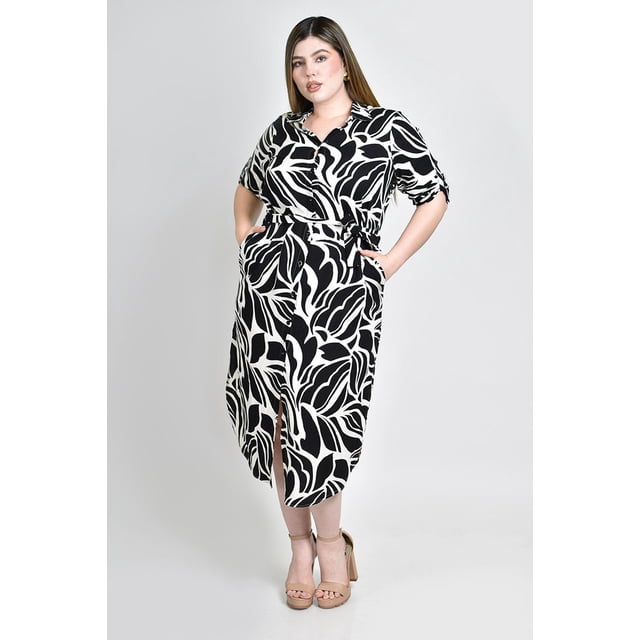 Vestido camisero de lino estampado Roman Fashion /Tallas Extras, 2154 (Negro) negro 38
