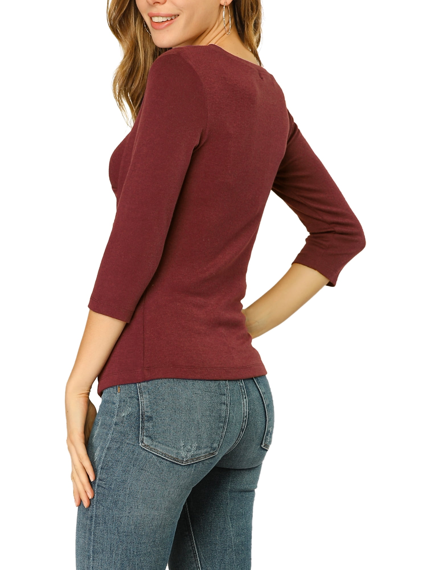 DARING DIVA V Neck Knitted Buttons Decor Ruched Blouse Top S Burgundy