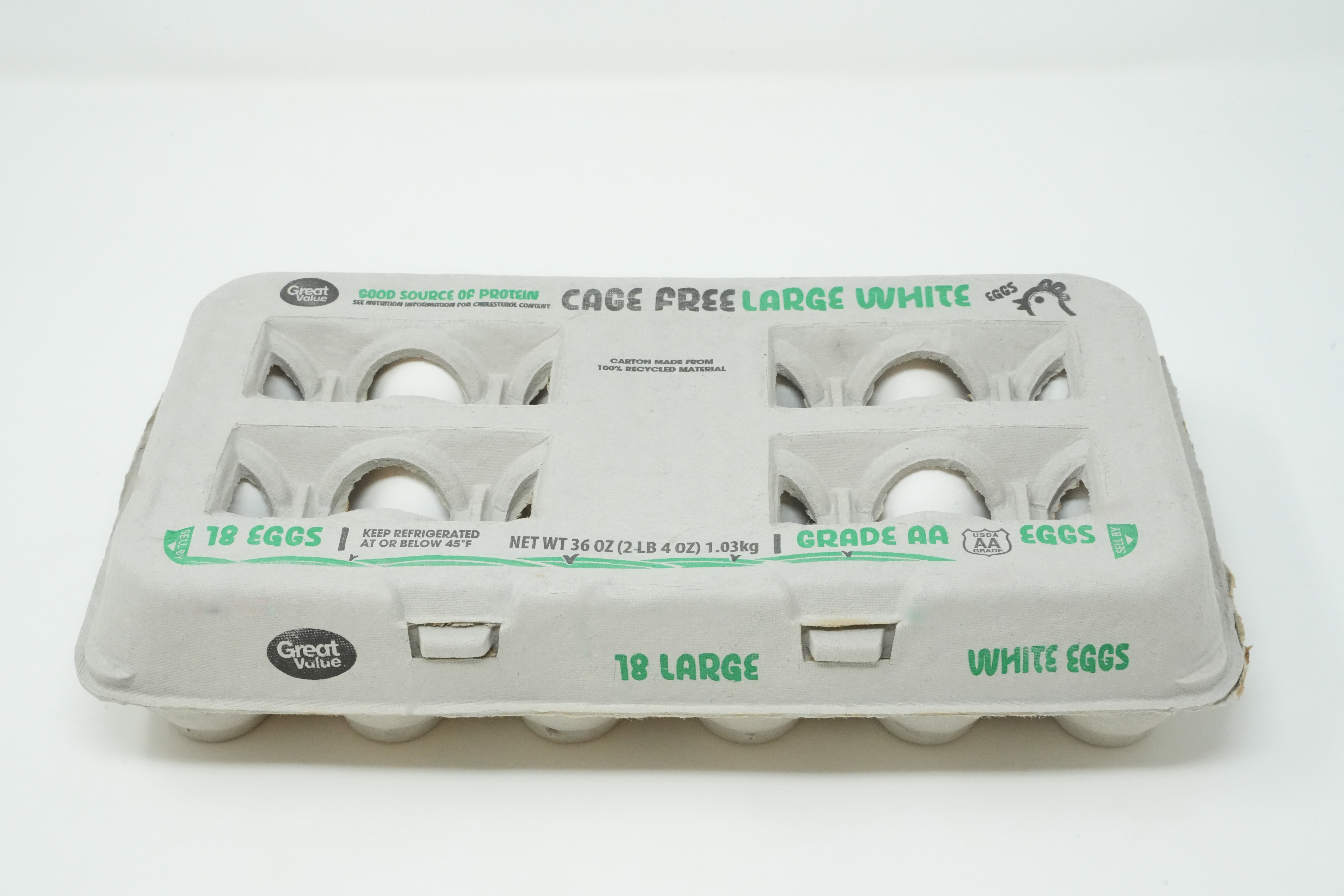 Great Value Cage-Free White Eggs, Large, 18 Count