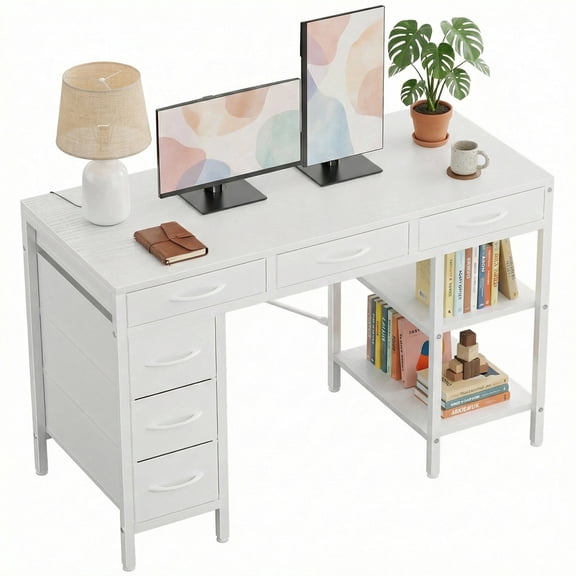 CONCETTA 55 inch Computer Desk with 6 Drawers & 2 Open Shelves, Modern Home Office Desk with Storage, Writing Study Desk for Bedroom, Workspace，White