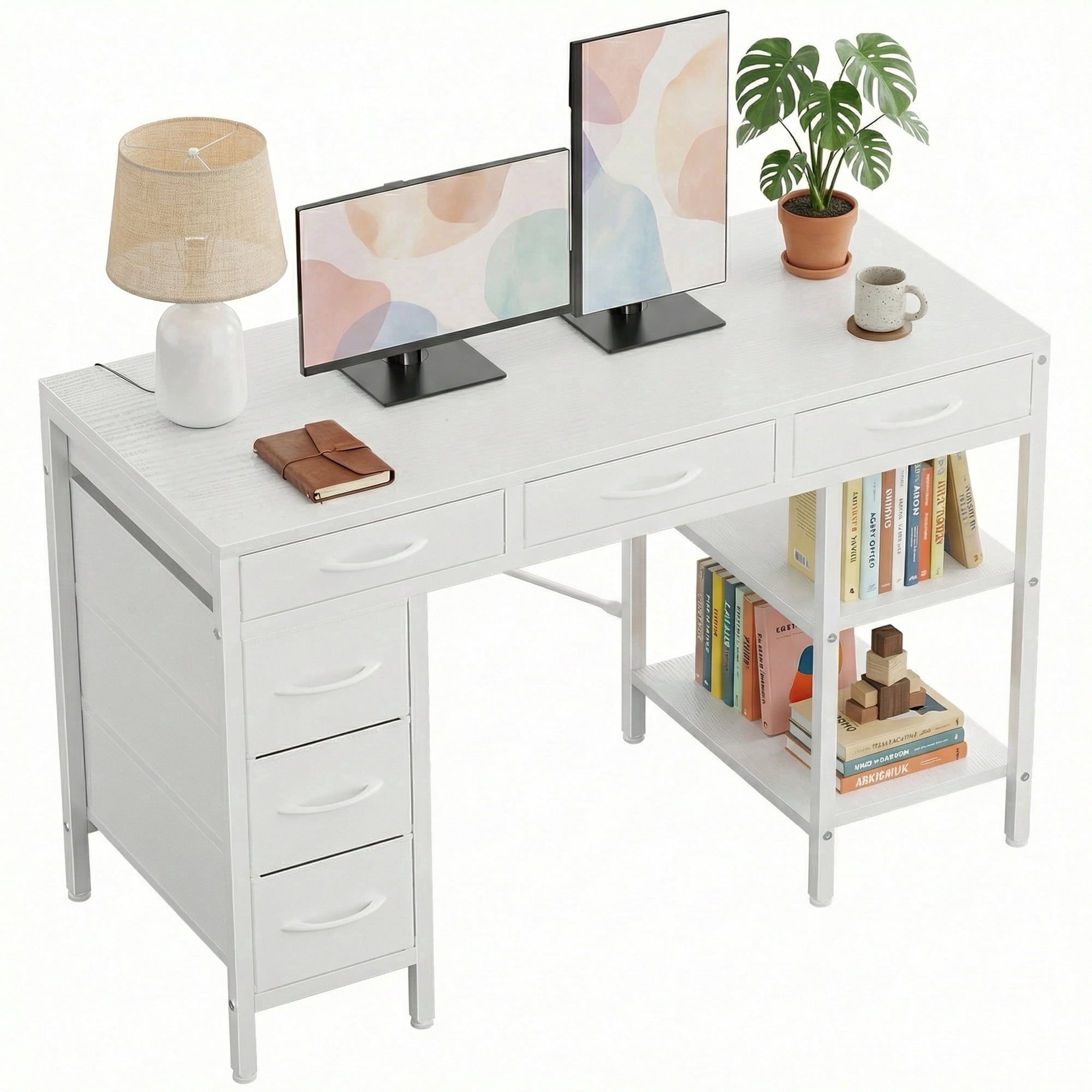 CONCETTA 55 inch Computer Desk with 6 Drawers & 2 Open Shelves, Modern Home Office Desk with Storage, Writing Study Desk for Bedroom, Workspace，White