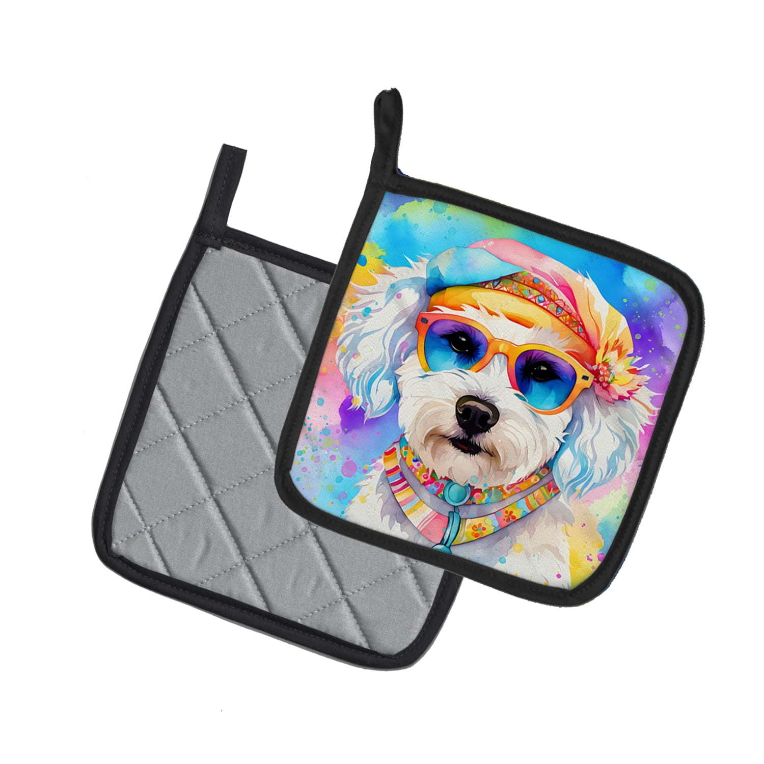 Bichon Frise Hippie Dawg Pair of Pot Holders 7.5 in x 7.5 in