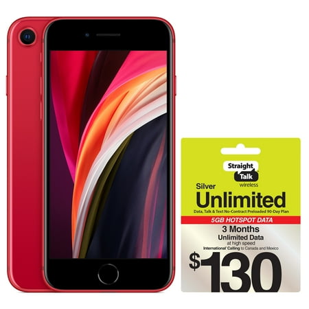 Straight Talk Apple iPhone SE (2020), 64GB, Red - Prepaid Smartphone with FREE 90-Day No-Contract Plan
