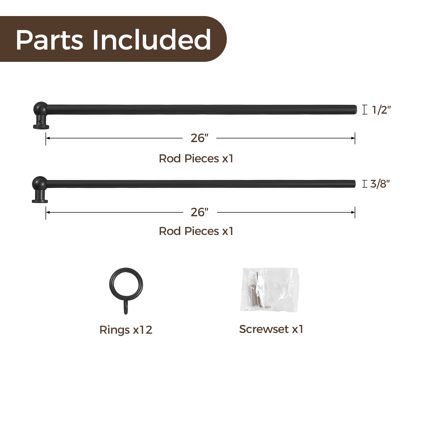 TWOPAGES 28" to 48" Adjustable Black Cafe Curtain Rod with Rings for Kitchen Bedroom French Door