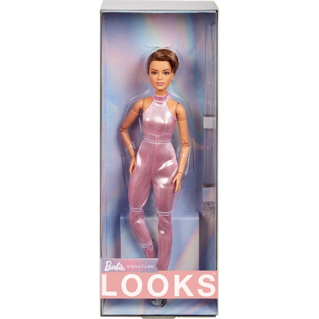 Barbie Looks Doll, Collectible No. 22 with Pixie Cut & Modern Y2K Fashion, Sequined Pink Halter Jumpsuit with Silver Heels