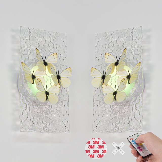 FSLiving Applique Murale en Acrylique Télécommandée à Piles, Suspension Murale Sans Fil, Lampe Murale à Changement de Couleur, Intensité Réglable et DEL RVB avec Papillons Simulés 3D pour Oeuvre Rustique Maison Intérieur, Crème