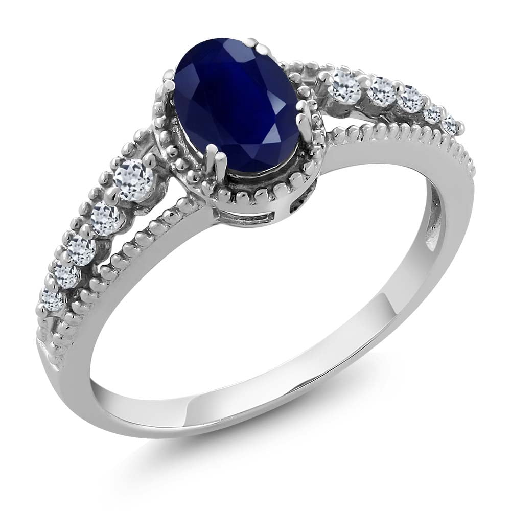Gem Stone King 925 Sterling Silver Blue Sapphire and White Topaz Engagement Ring for Women (1.21 Cttw, Oval 7X5MM, Gemstone Birthstone, Available in Size 5, 6, 7, 8, 9)