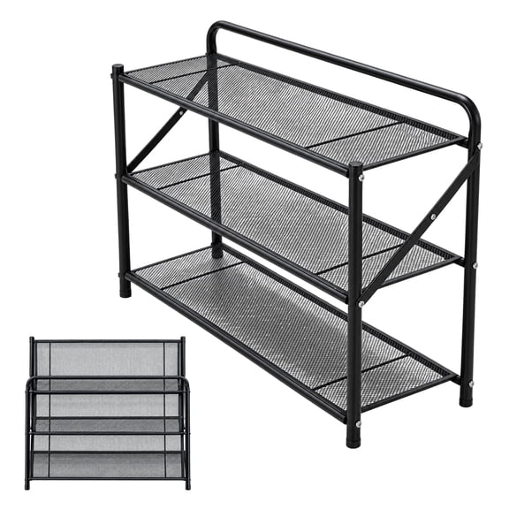 3 Tier Foldable Metal Shoe Rack, Metal Mesh Shoe Storage Organizer, Install-Free Shoe Shelf for Entryway, Bedroom, Living Room, Bathroom, Black Shoe Stand