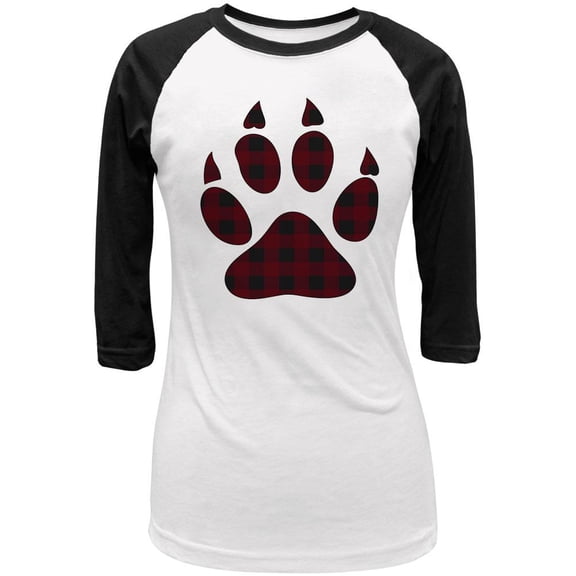 Autumn Buffalo Plaid Bear Claw Paw Juniors 3/4 Sleeve Raglan T Shirt White-Black X-LG