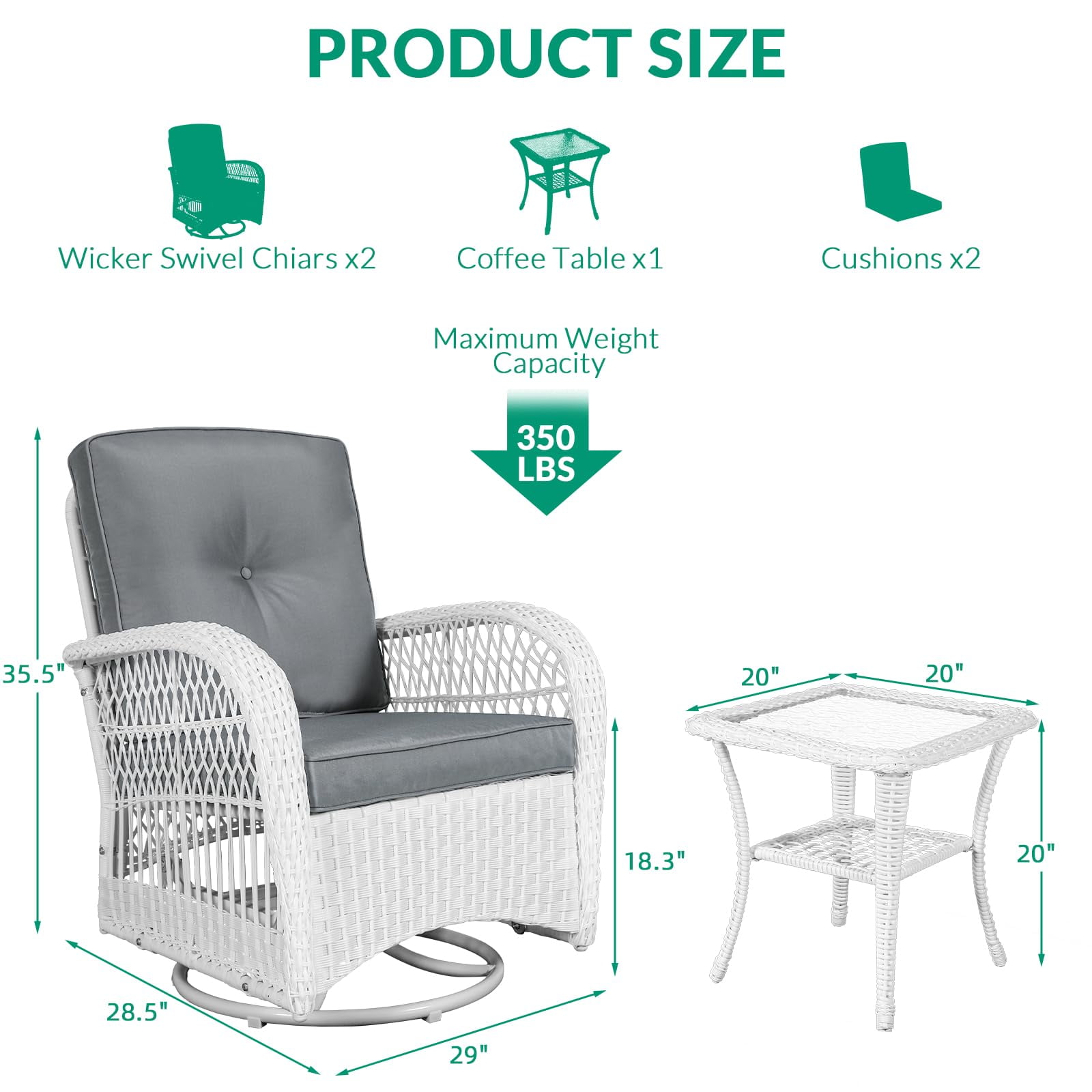 VIVIJASON 3-Piece Outdoor Conversation Bistro Set, Patio Swivel Glider Rocking Chairs Rattan Furniture Sets w/ 2 White Rattan Chairs, Glass Top Side Table for Porch Backyard, Grey Cushions
