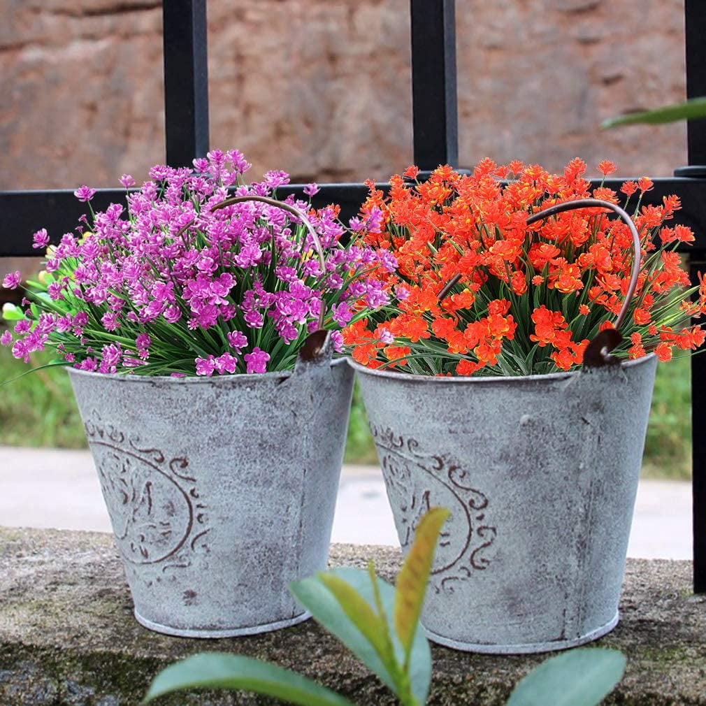 8 Bundles Outdoor Artificial Fake Flowers UV Resistant Shrubs Plants, Faux Plastic Greenery for Indoor Outside Hanging Plants Garden Porch Window Box Home Wedding Farmhouse Decor (Orange Red)