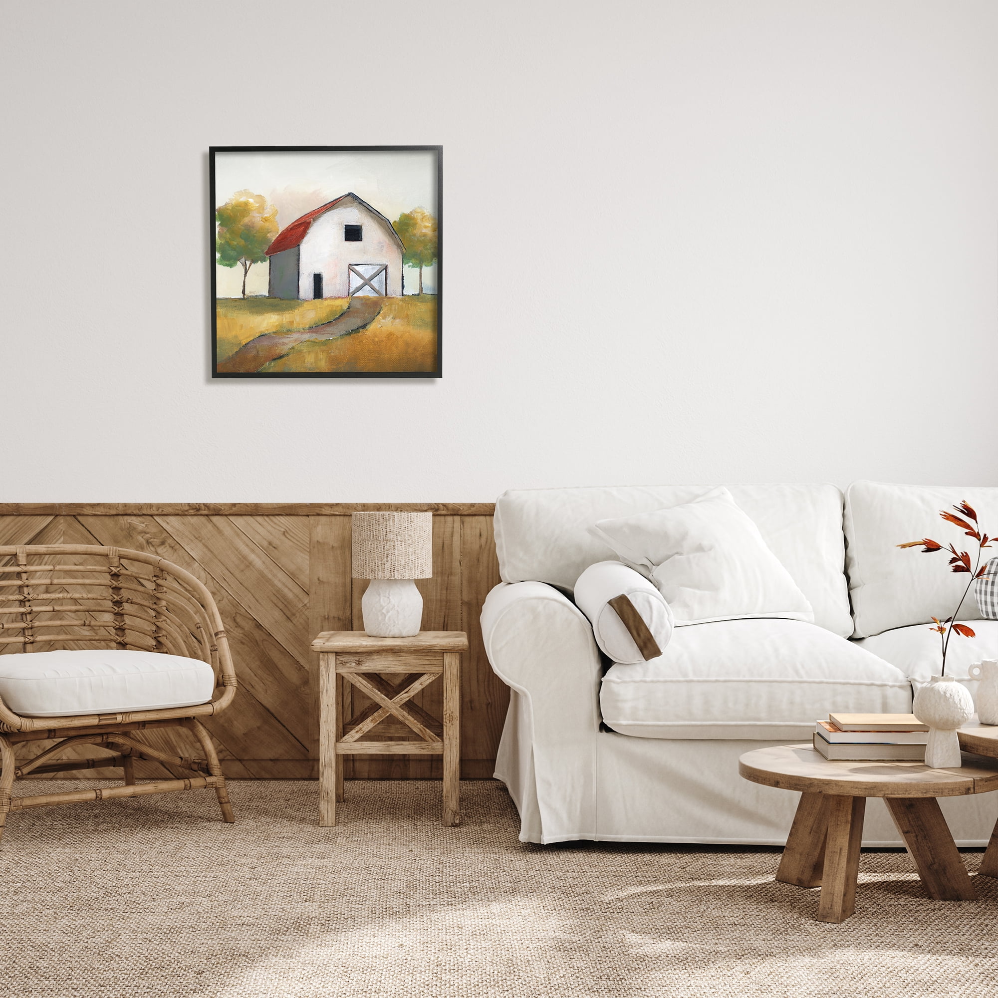Stupell Indtries White Barn Building Between Orchard Trees Autumn Landscape,24 x 24,Design by Nan