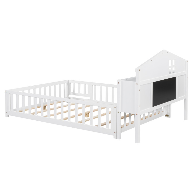 Bellemave Full Size Montessori Bed with Bookcase,Wooden Floor Bed with Fence Rails and Door, Full Playhouse Beds with Storage Headboards, No Box Spring Needed (White)