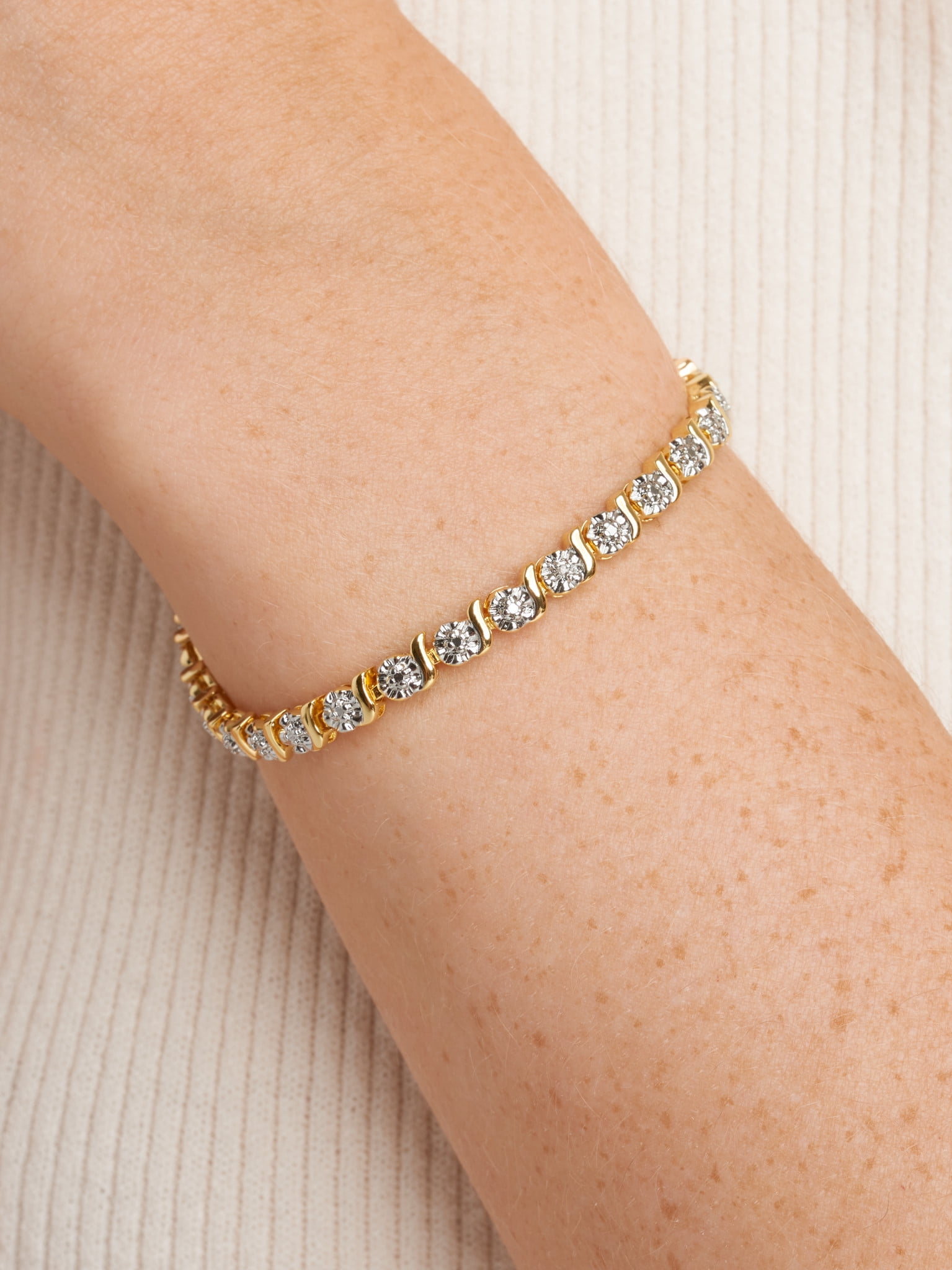 Fine Silver Plated Diamond Accent "S" Link Gold Tone Tennis Bracelet With Enamel Holiday Candy Cane Charm 7.25"