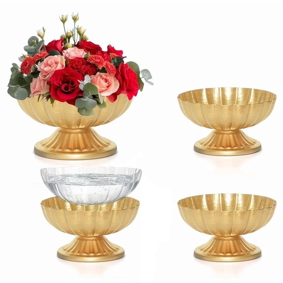 Gold Flower Vases for Centerpieces: Vintage Compote Bowl Vase for Wedding 4 Inch Small Pedestal Vase for Party Gold Centerpieces for Table Metal Urn for Event Home Decor Set of 4
