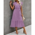 thumbnail image 6 of FreshPrettyWomen Summer Bohemian Floral Casual Wrap V Neck Ruffle Cap Sleeveless Belt A-Line Pleated Hem Midi Sun Dress White, 6 of 7
