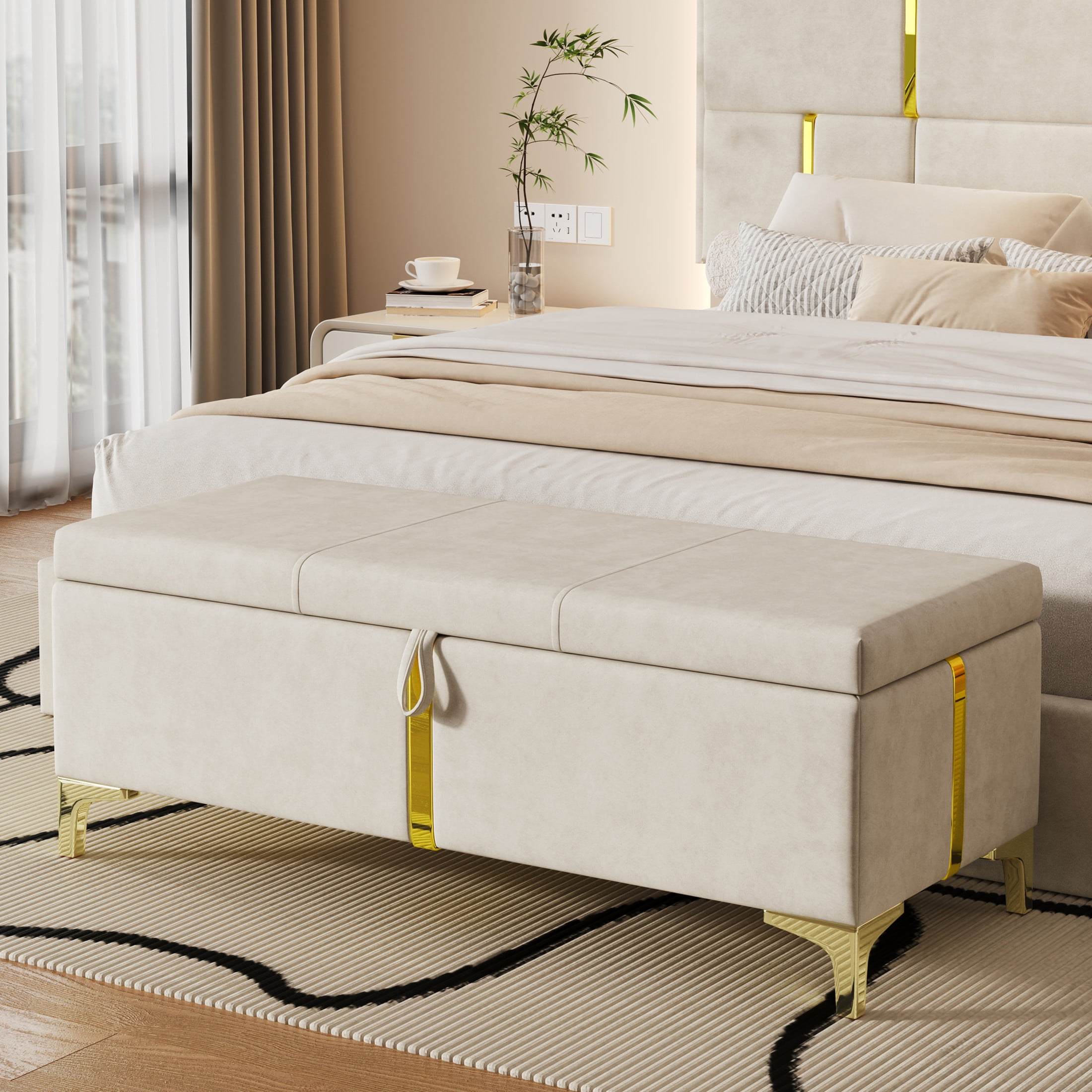 Noble House Elegant Upholstered Storage Ottoman Bench with Metal Legs, Bedroom & Living Room Storage Seat, Beige