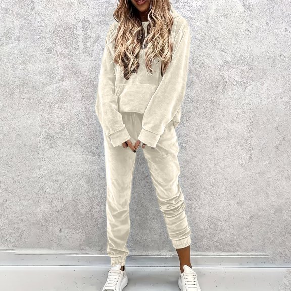 Mifsaly Sweatsuits Women 2 Piece Outfit Velvet Warm Tracksuit Hooded Baggy Sweatshirts And Straight Leg Slim Fit Jogger Pants with Pockets