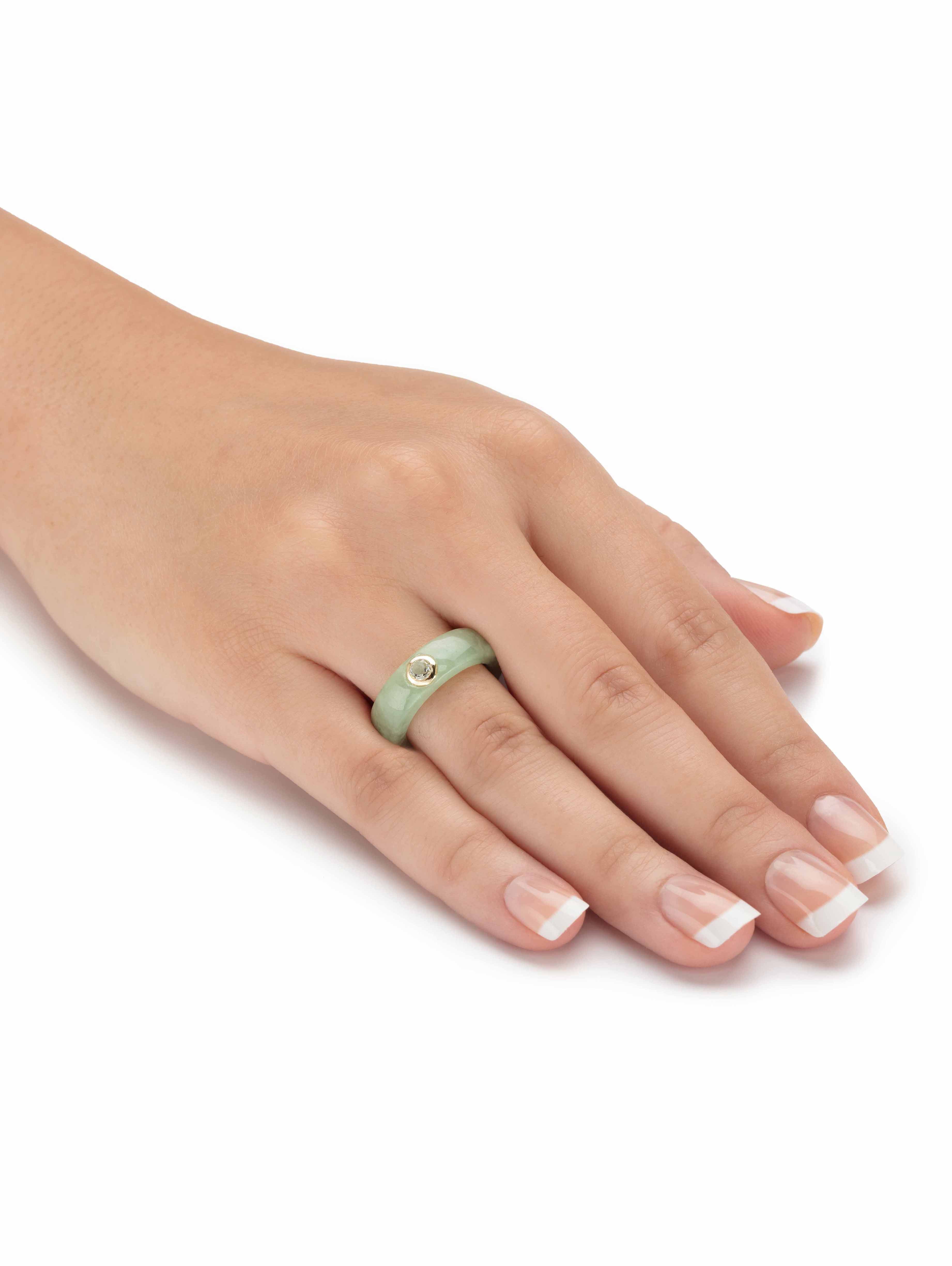 PalmBeach Jewelry Genuine Black or Red or Green Jade with White Topaz or Red Garnet or Green Peridot Accen 10k Yellow Gold Band Ring