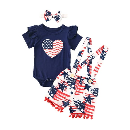 

Toddler Infant Baby Girl 4th of July Outfits Stars Stripes Flag Shirt+Suspender Shorts Overalls with Headband