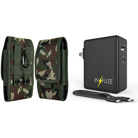 

Pouch and Wall Charger Bundle for Motorola Edge 2022: Vertical Rugged Nylon Belt Holster Case (Green Camo) and 45W Dual USB Port PD Power Delivery Type-C and USB-A Power Adapter