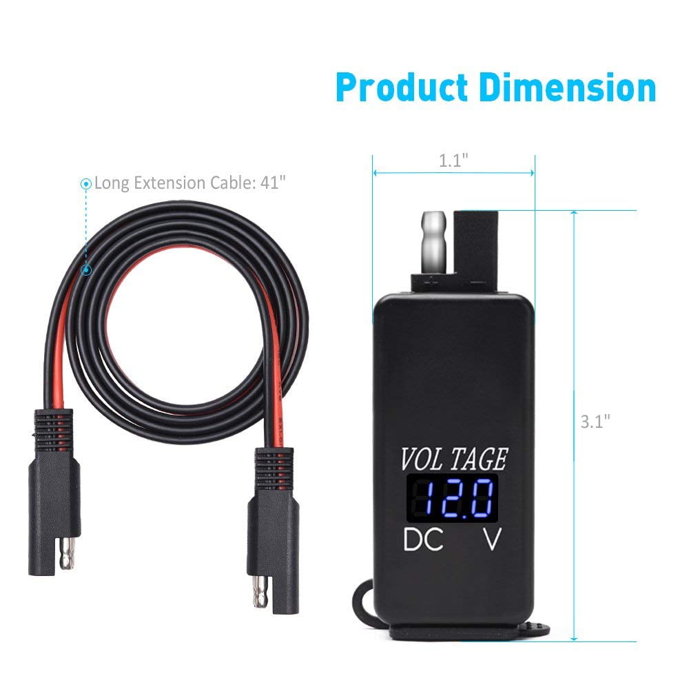SAE to USB Cable Adapter with Blue Voltmeter 4.2A Dual USB Charger