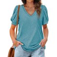 thumbnail image 1 of Camiseta de manga soplada para mujer, blusa de manga corta con cuello en V, informal, holgada, de Color puro, para citas, 1 of 5